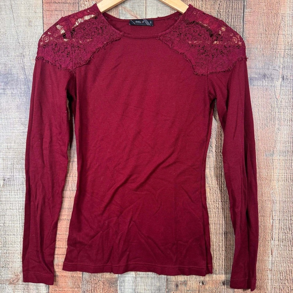 Level Up Burgundy Lace Waffle Knit Long Sleeve Top Small Thermal Fairy Grunge S